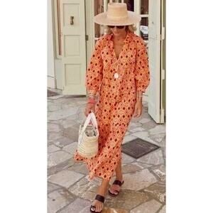 Zara Selma Printed Button Front Tiered Maxi Dress Orange Size Large